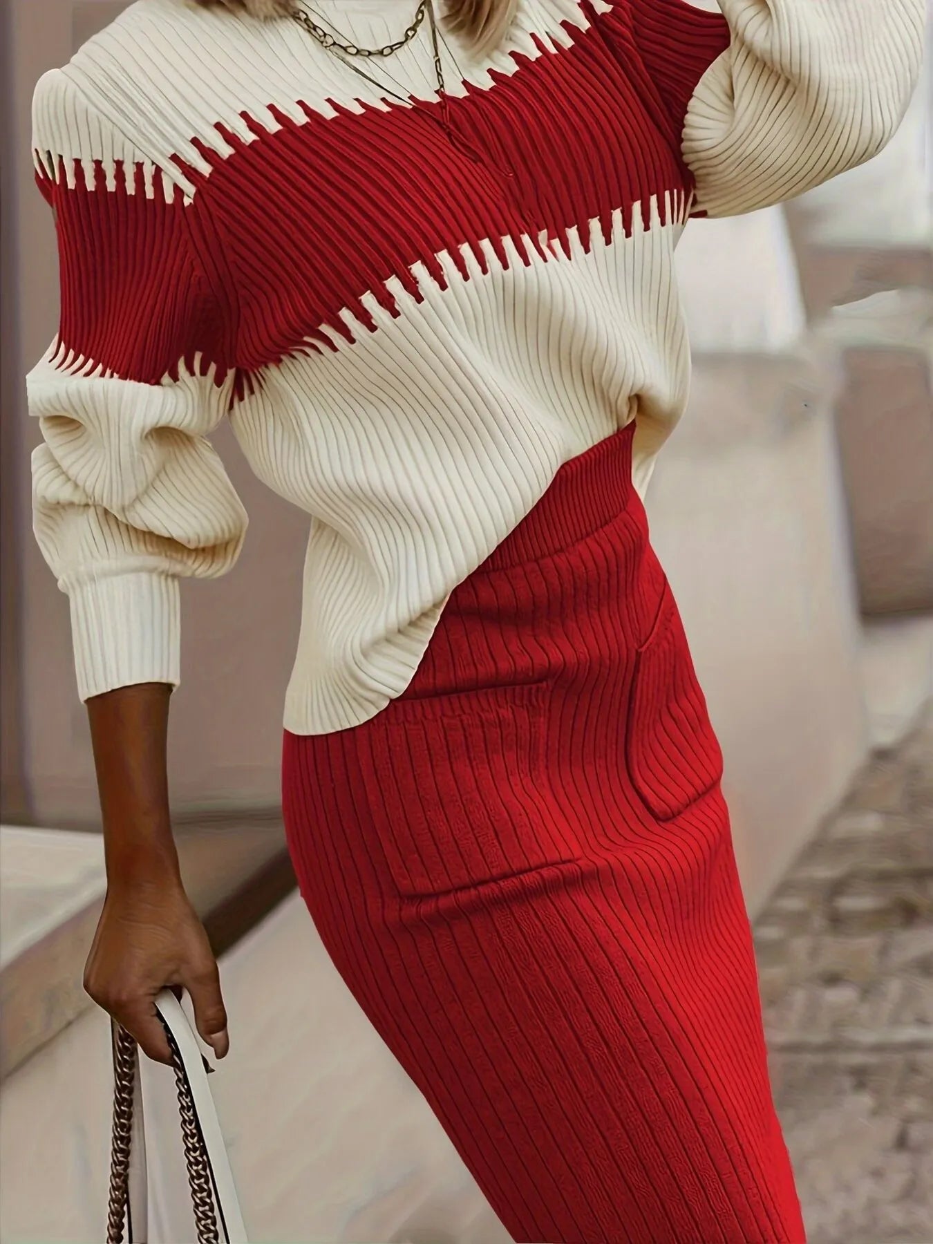 Two - Tone Ribbed Knit Top and Skirt Sweater Set - Eco4life Clothing and Accessories