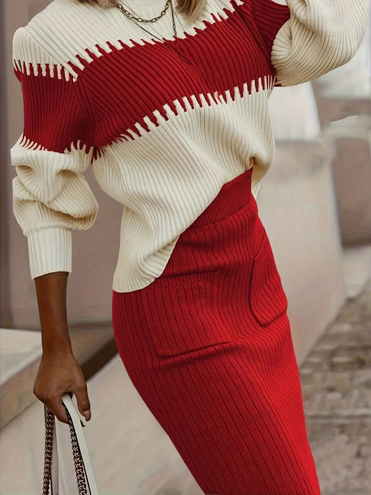 Two - Tone Ribbed Knit Top and Skirt Sweater Set - Eco4life Clothing and Accessories