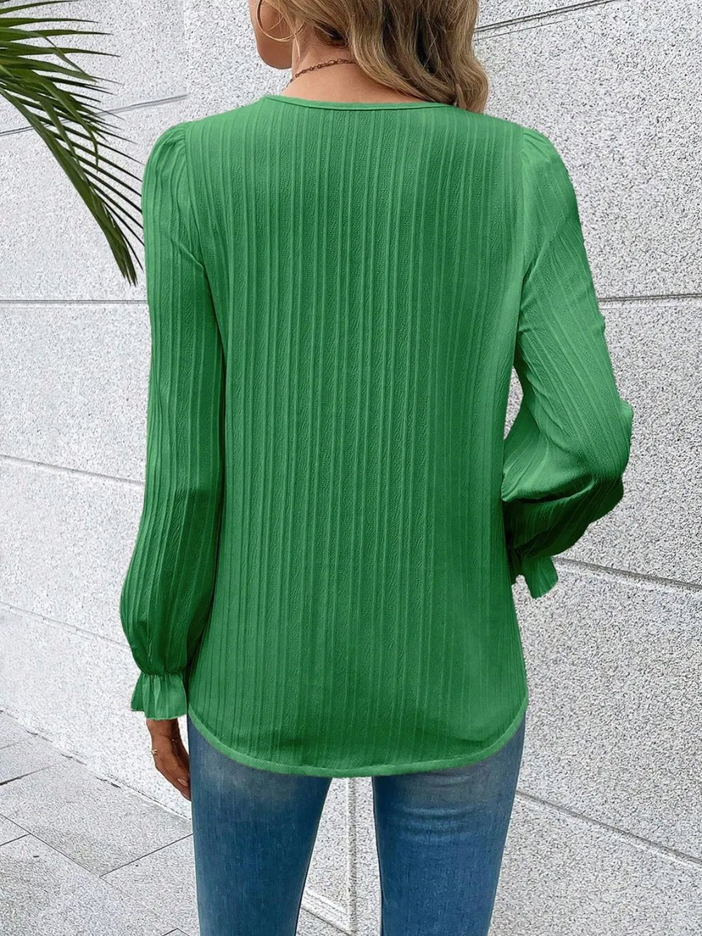 V - Neck Lace Detail Flounce Sleeve Blouse - Eco4life Clothing and Accessories