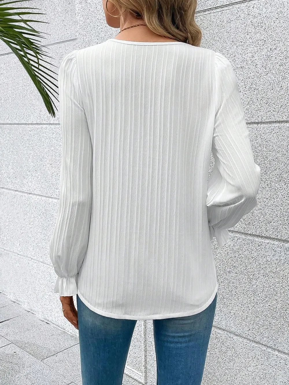 V - Neck Lace Detail Flounce Sleeve Blouse - Eco4life Clothing and Accessories