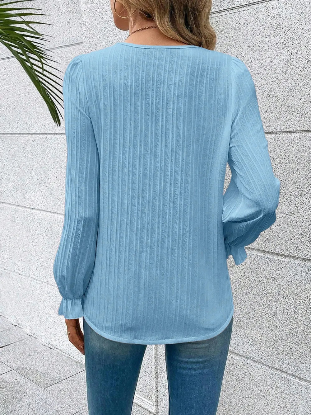 V - Neck Lace Detail Flounce Sleeve Blouse - Eco4life Clothing and Accessories