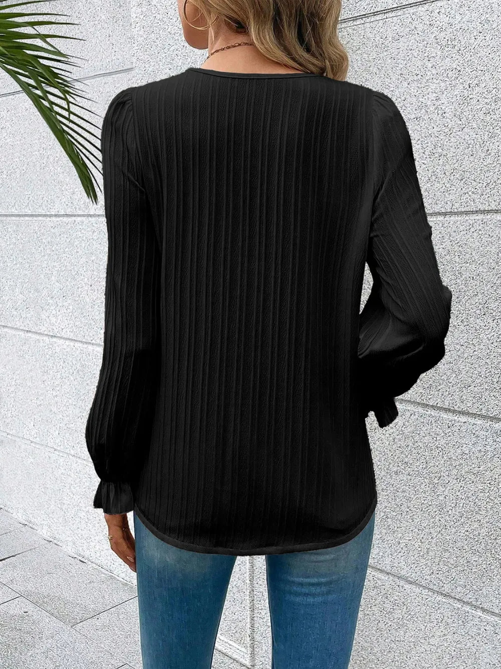 V - Neck Lace Detail Flounce Sleeve Blouse - Eco4life Clothing and Accessories