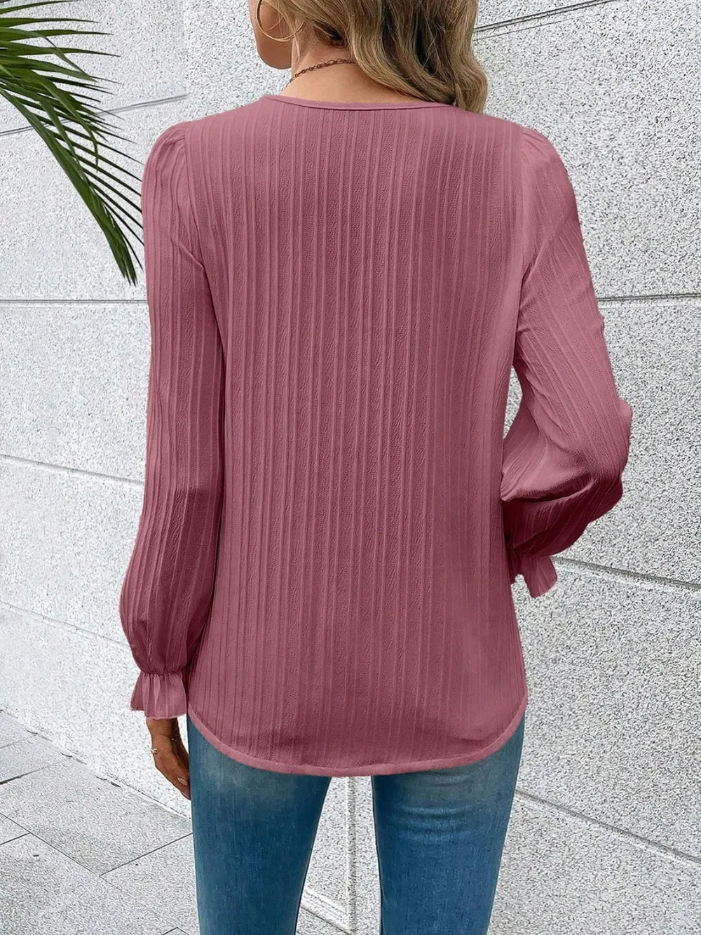 V - Neck Lace Detail Flounce Sleeve Blouse - Eco4life Clothing and Accessories