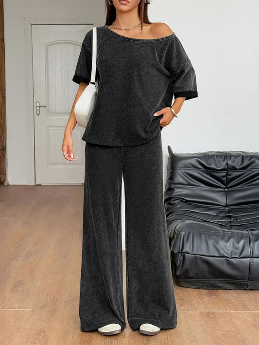 Washed Boat Neck T-Shirt and Pants Set - Eco4life Clothing and Accessories