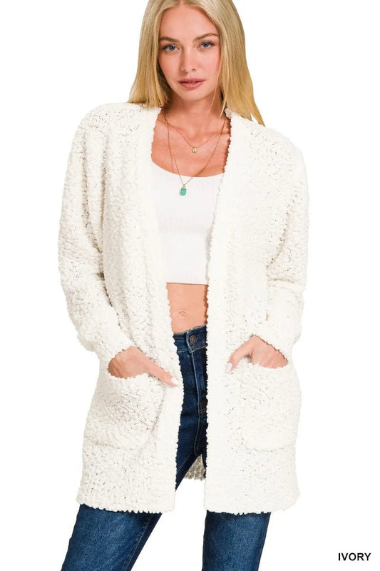 Zenana Long Sleeve Popcorn Sweater Cardigan with Pockets - Eco4life Clothing and Accessories
